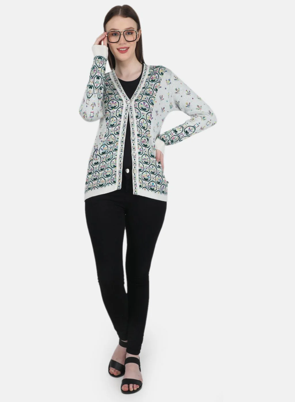 Women White & Green Self Design Cardigan - Image 4