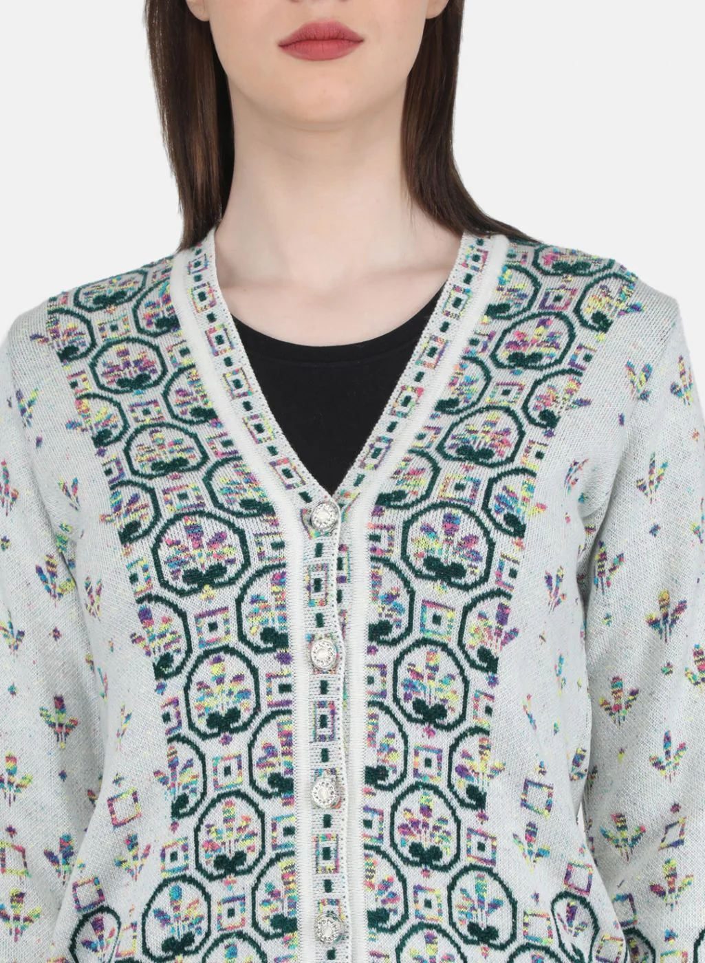 Women White & Green Self Design Cardigan - Image 5