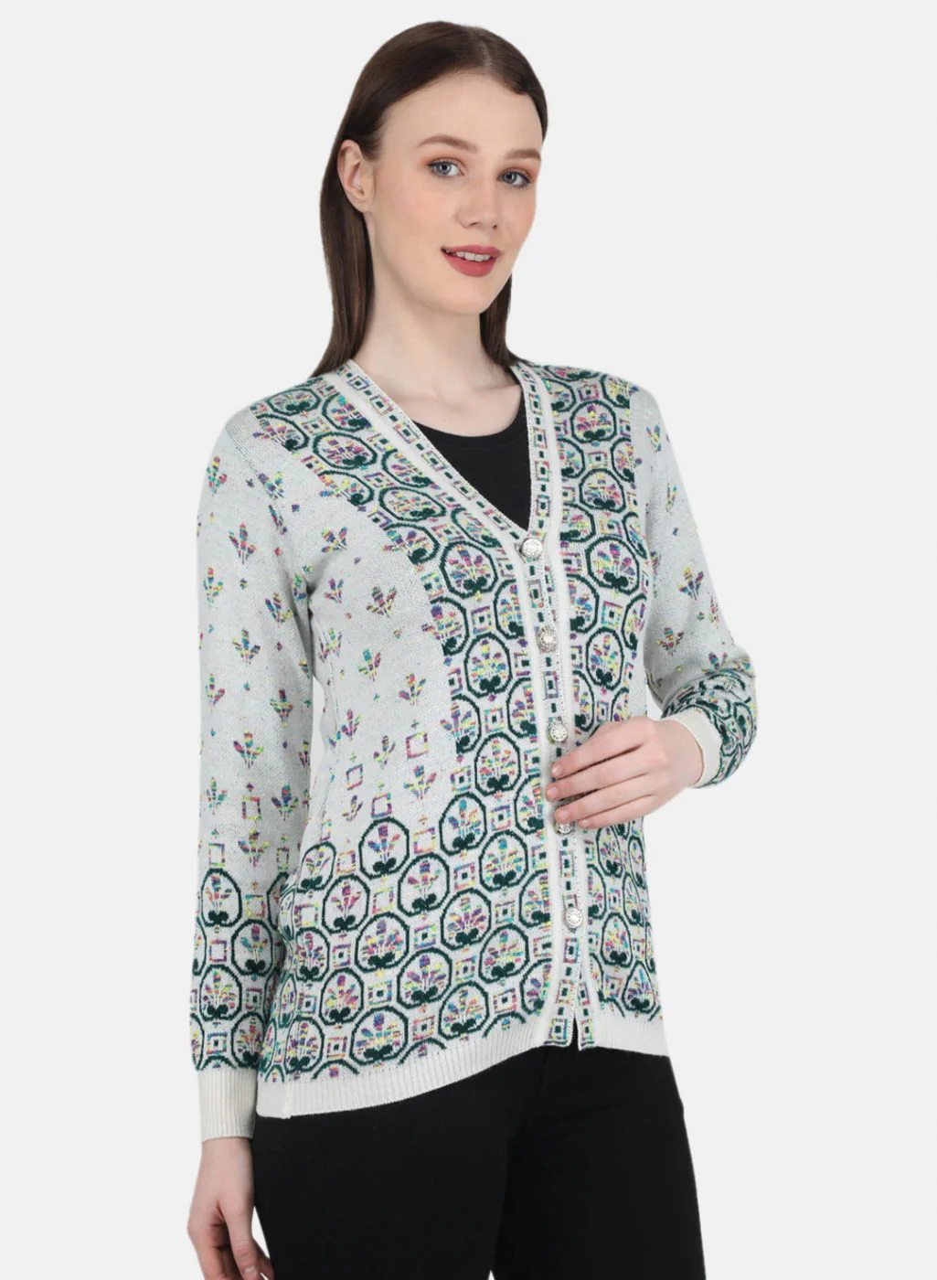 Women White & Green Self Design Cardigan - Image 6