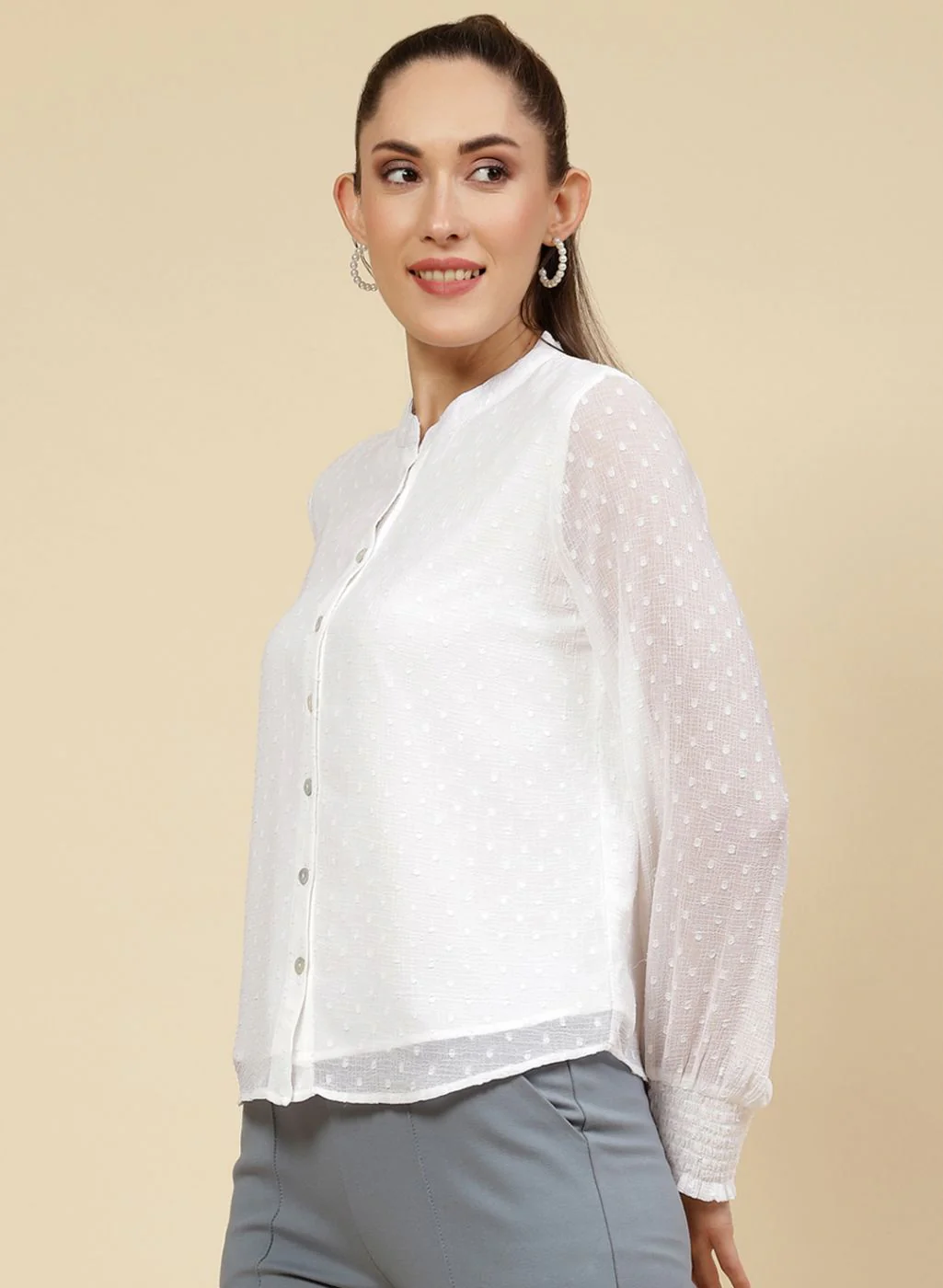 Women White Self Design Top - Image 3