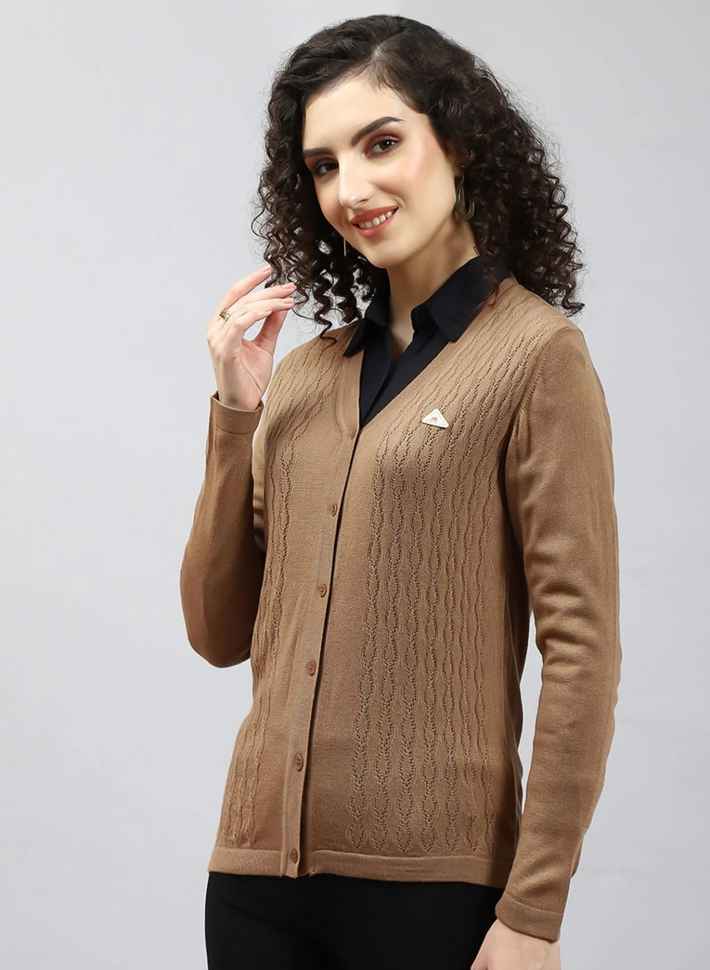Women Yellow Self Design Wool blend Cardigan - Image 3