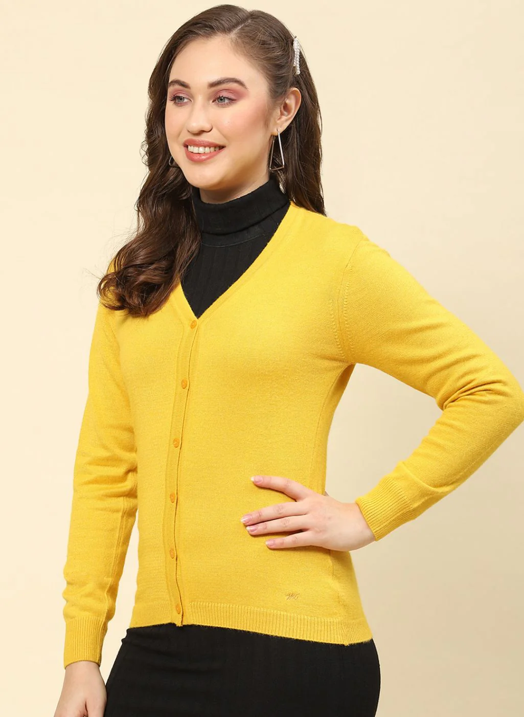 Women Yellow Solid Modal Nylone Cardigan - Image 3