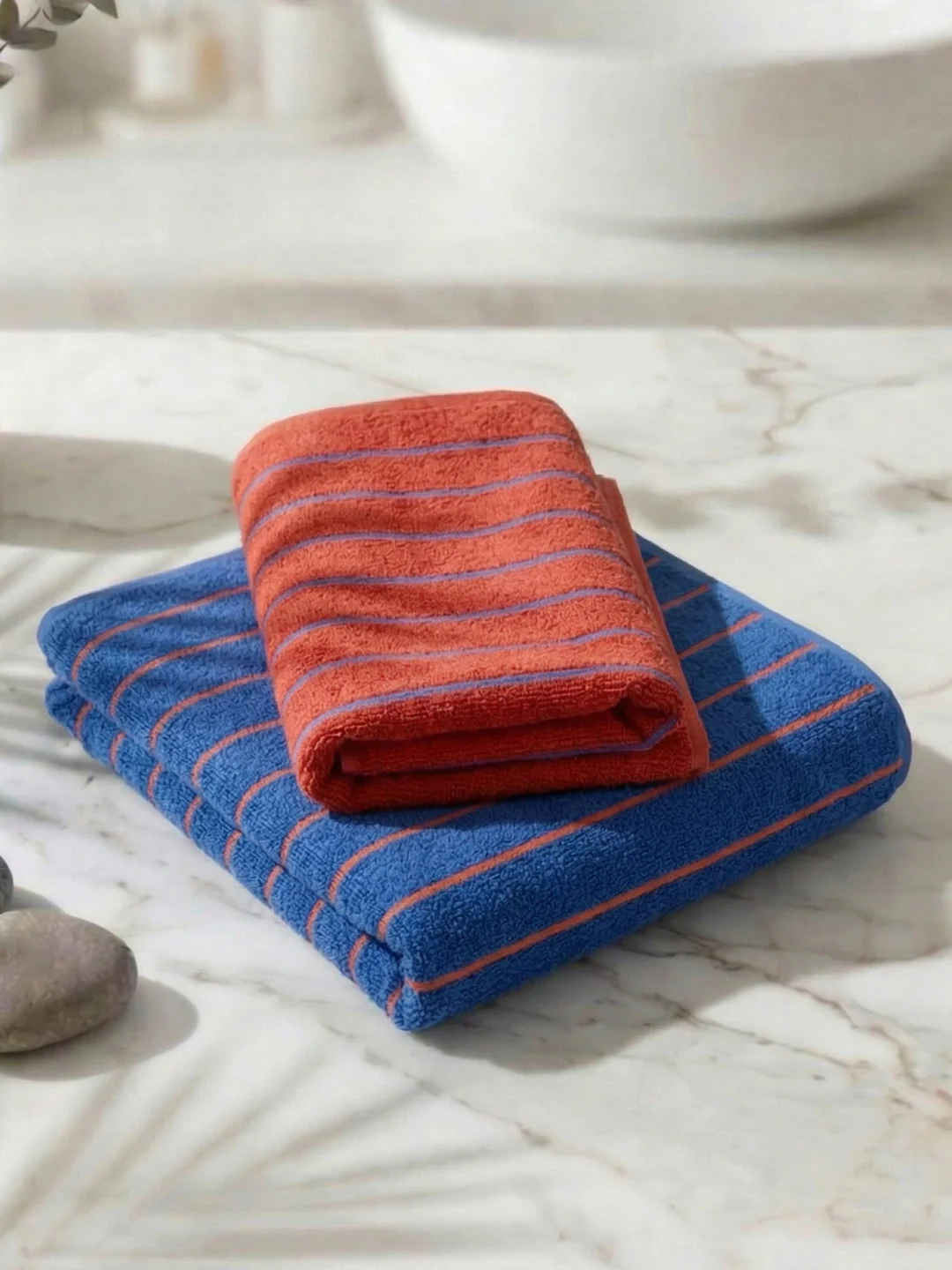 Orange & Blue 100% Cotton Solid 480 GSM Bath Towel King & Queen 2 Pc Set Gifting Box Pack - Image 2