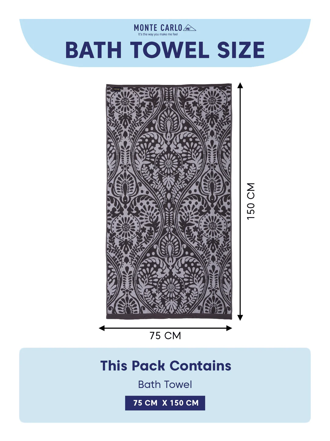 Premium Grey 100% Cotton Self Design 525 GSM Bath Towel Santorini 1 Pc Pvc Pack - Image 8