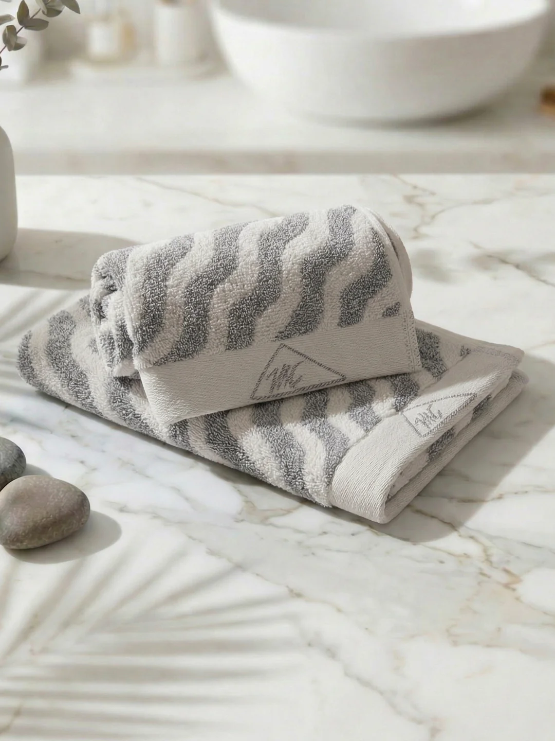 Premium Navy Blue & White Pure Cotton Self Design 500 GSM Hand Towel 2 Pc Set (Green Weave Collection) - Image 2