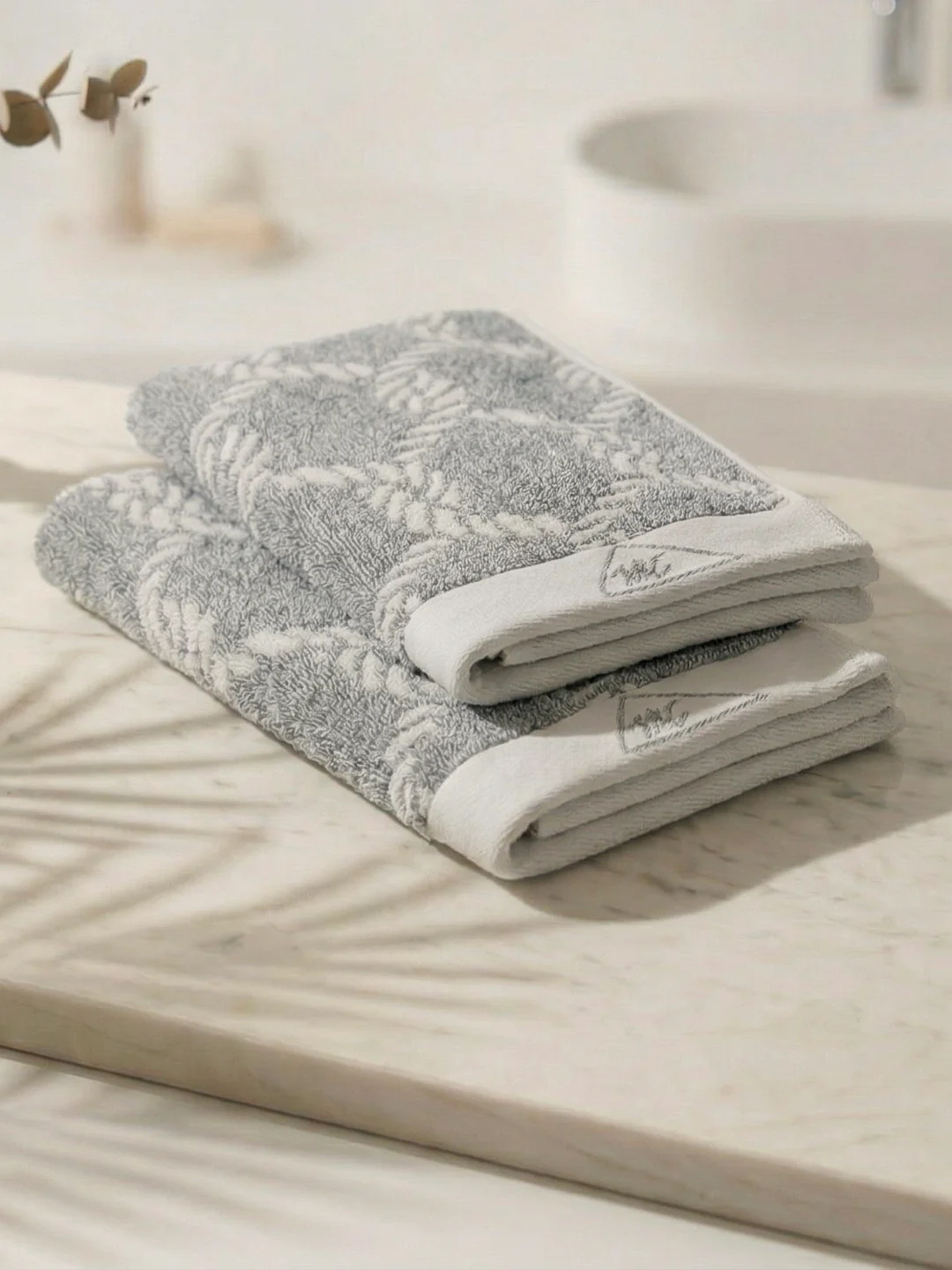 Premium Navy Blue & White Pure Cotton Self Design 500 GSM Hand Towel 2 Pc Set (Green Weave Collection) - Image 2