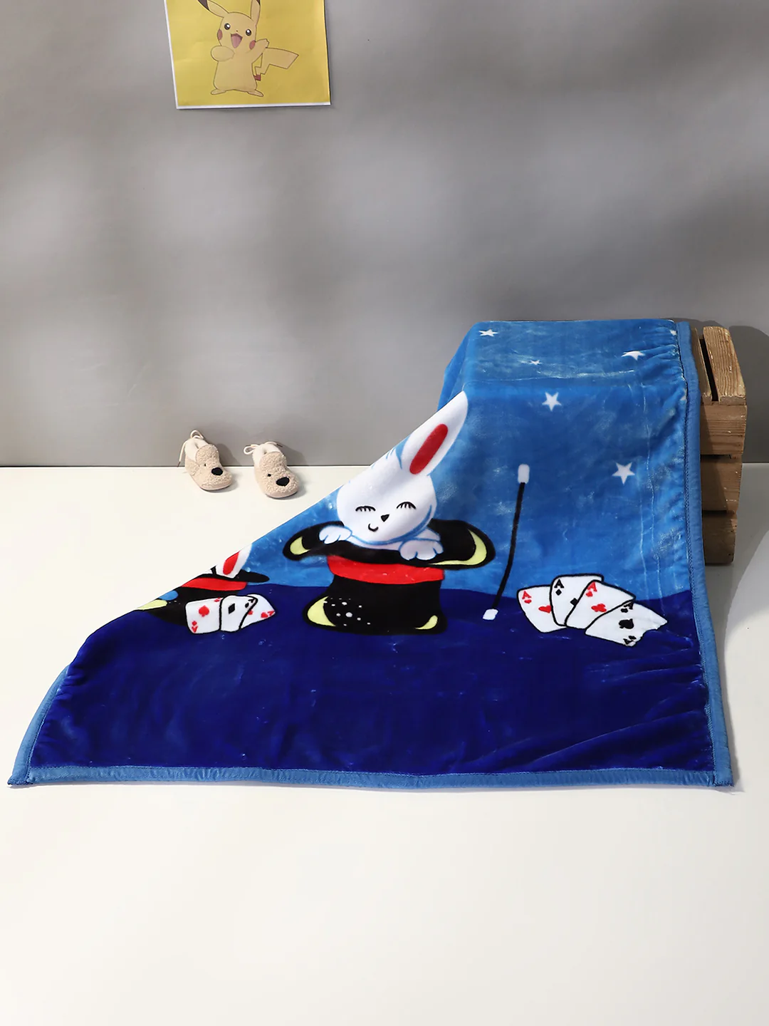 Cartoon Rabbit Printed Plush Blue Baby Blanket - Image 2