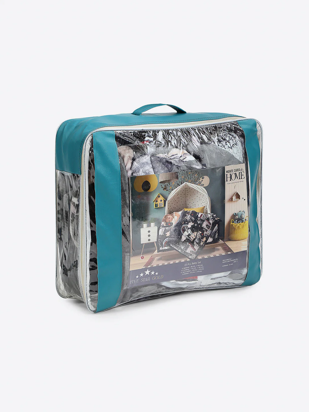 Graphic Print Soft Plush Grey Baby Blanket Set with Matching Comforter, Bedsheet, Neck Pillow, and Bolsters - Image 8