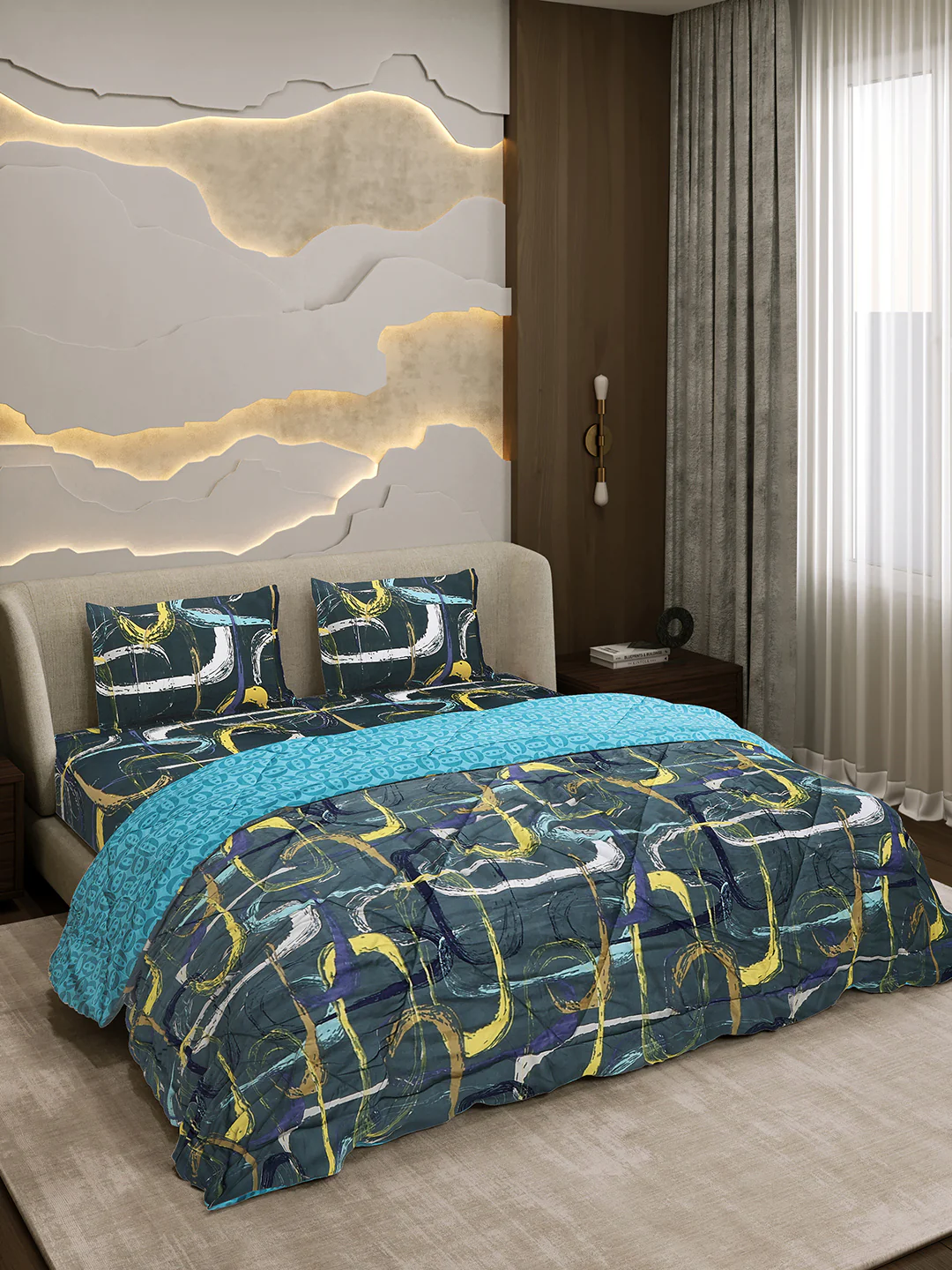 Printed Double Bed 130 GSM 4 Pc Bedding Set (1 Bedsheet, 1 AC Comforter & 2 Pillow Cover) - Image 4