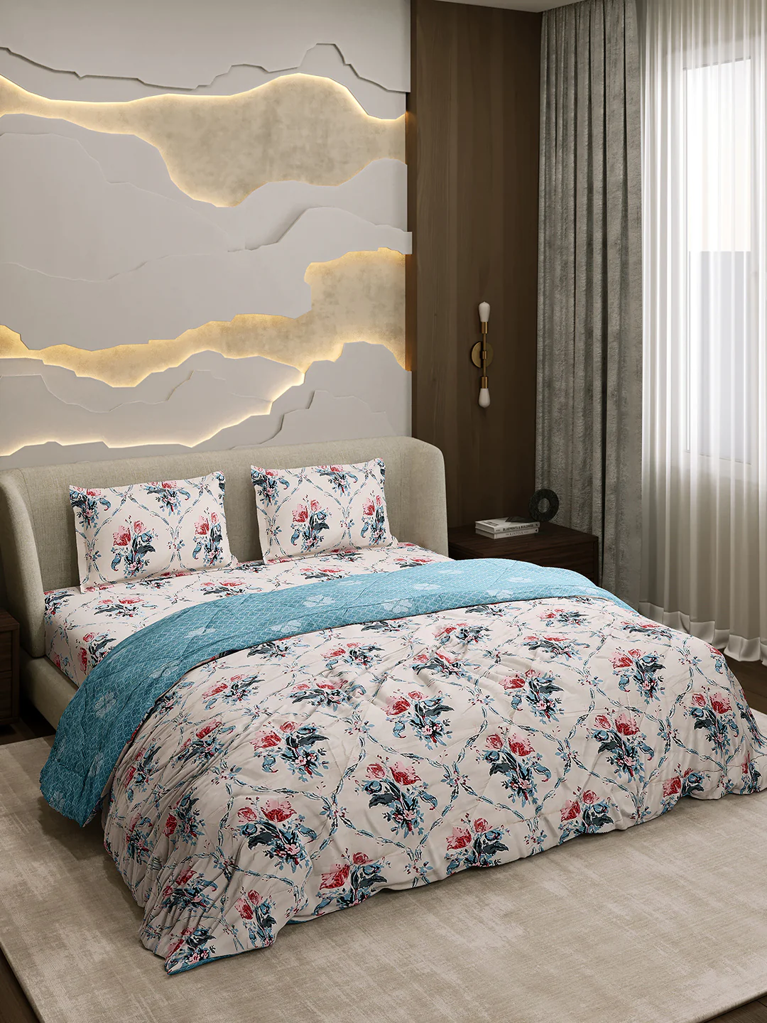 Printed Double Bed 130 GSM 4 Pc Bedding Set (1 Bedsheet, 1 AC Comforter & 2 Pillow Cover) - Image 4