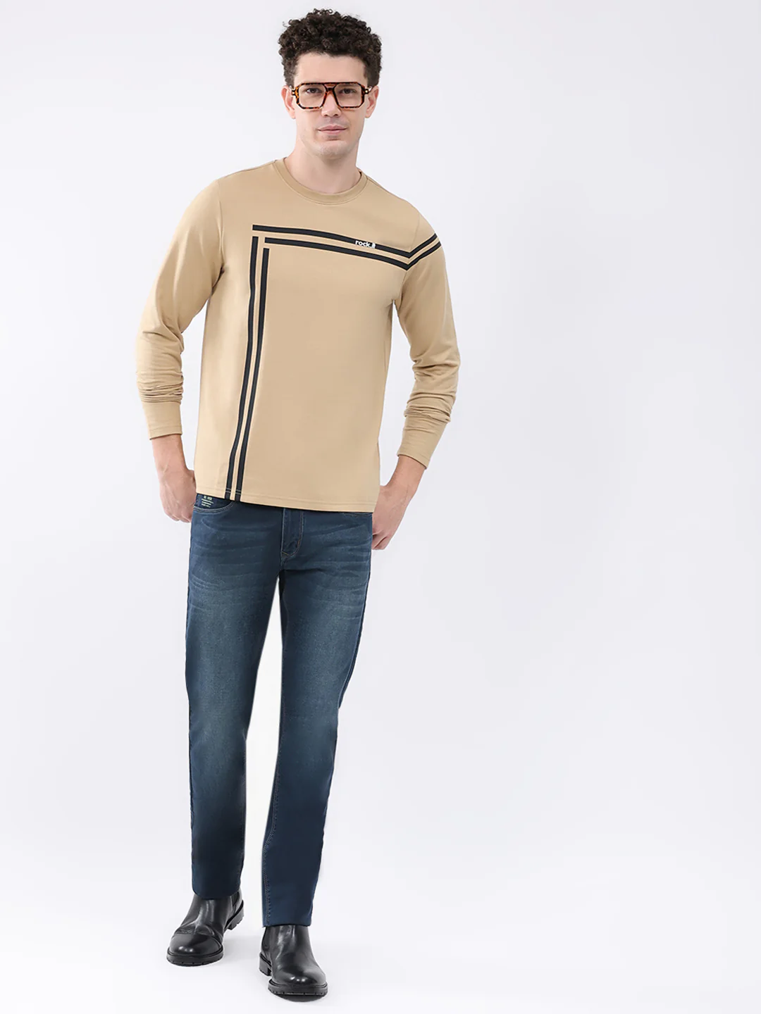 Rock.it Men Beige Solid Round Neck Full Sleeve Winter T-Shirt - Image 2