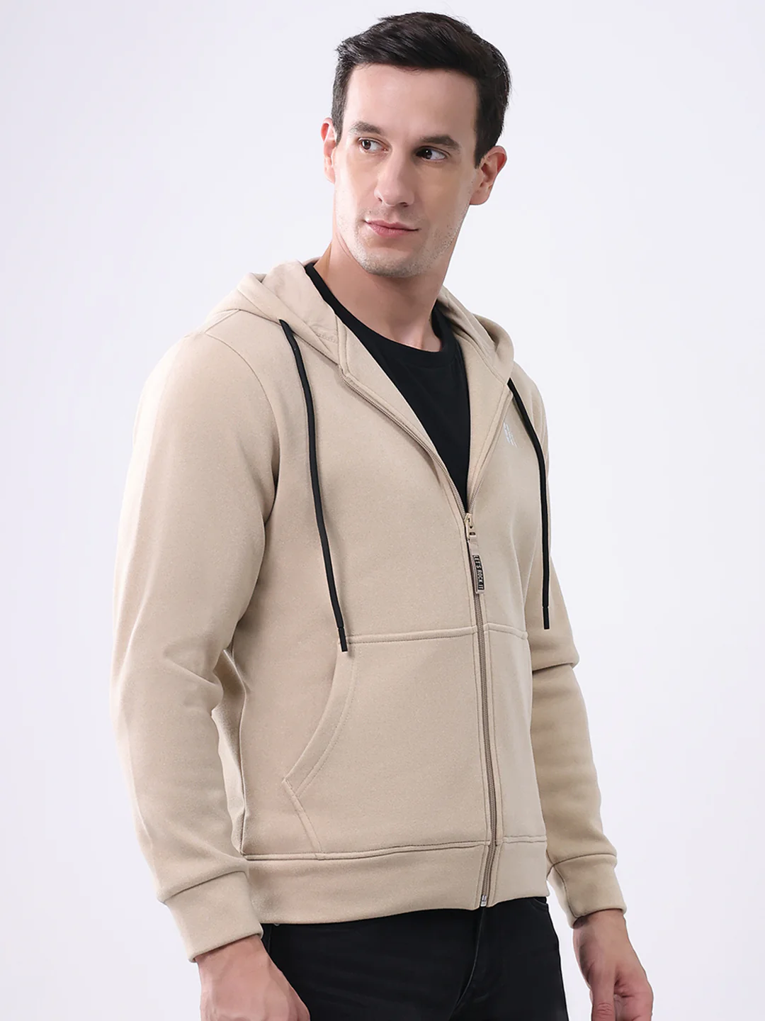 Rock.it Men Beige Solid Hooded Full Sleeve Sweatshirt - Image 4