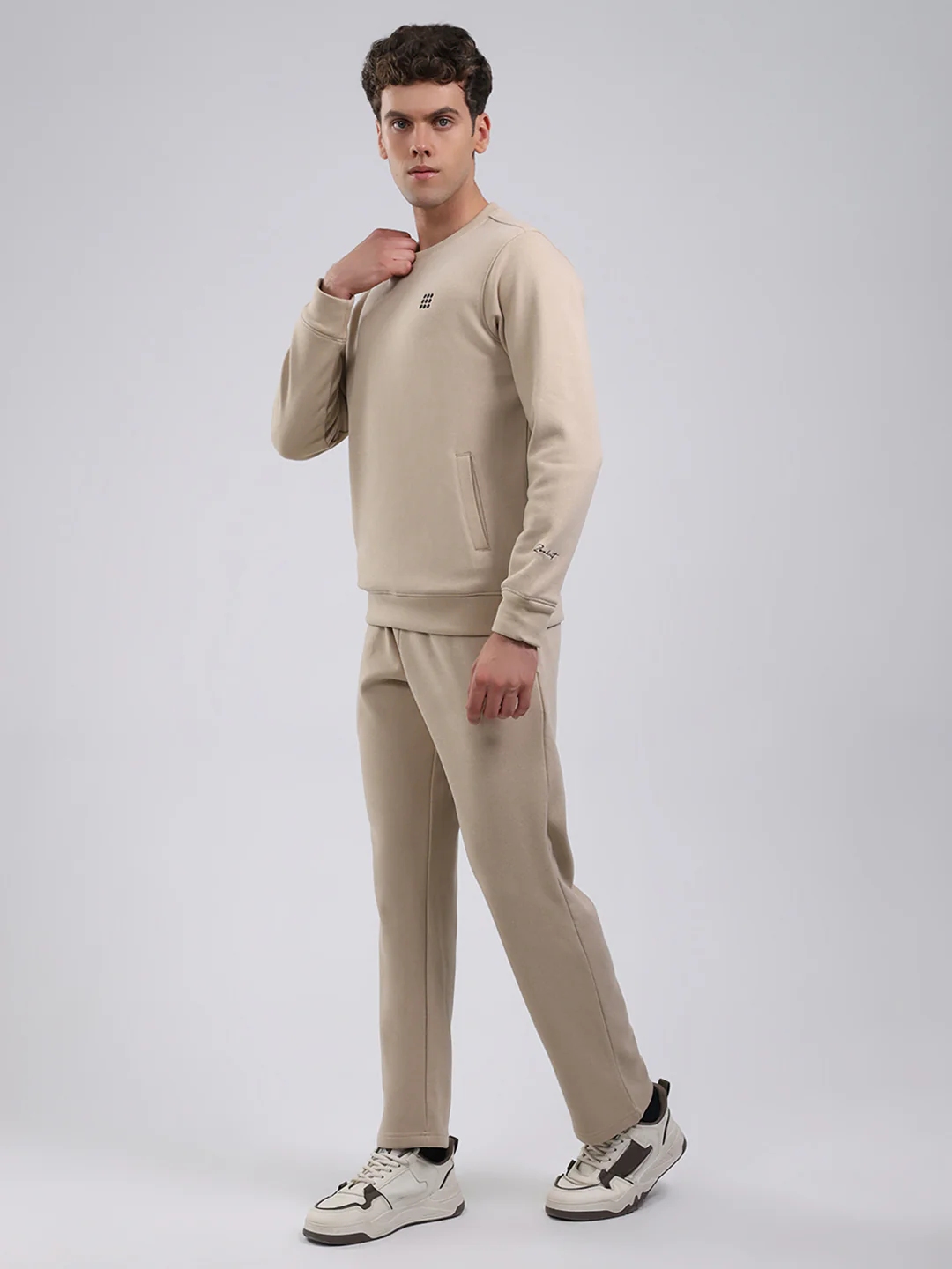 Rock.it Men Beige Solid Round Neck Full Sleeve Winter Tracksuit - Image 3