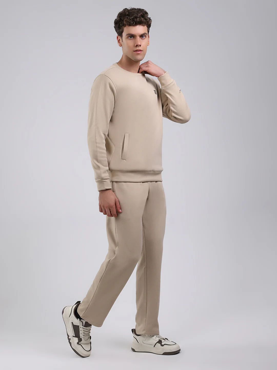 Rock.it Men Beige Solid Round Neck Full Sleeve Winter Tracksuit - Image 4