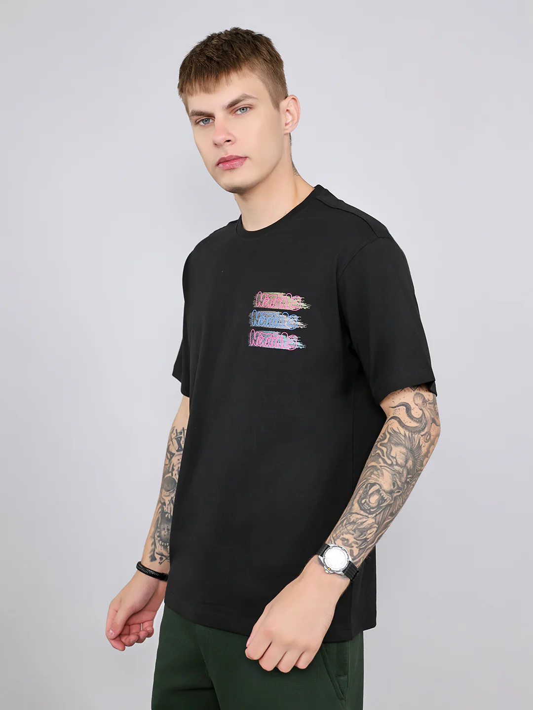 Rock.it Men Black Printed Round Neck Drop Shoulder Half Sleeve T-Shirt - Image 2