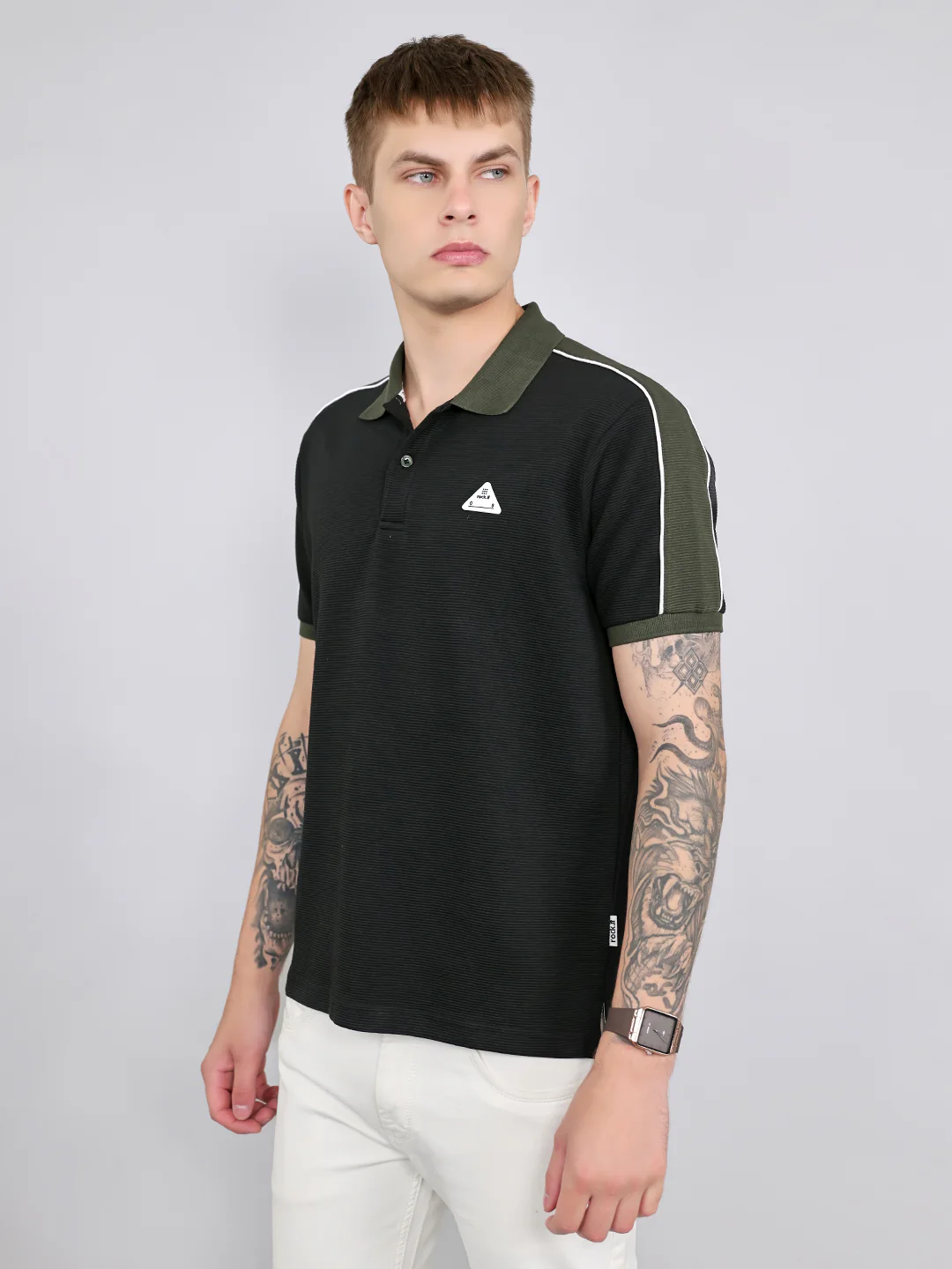 Rock.it Men Black Self Design Collar Half Sleeve T-Shirt - Image 3