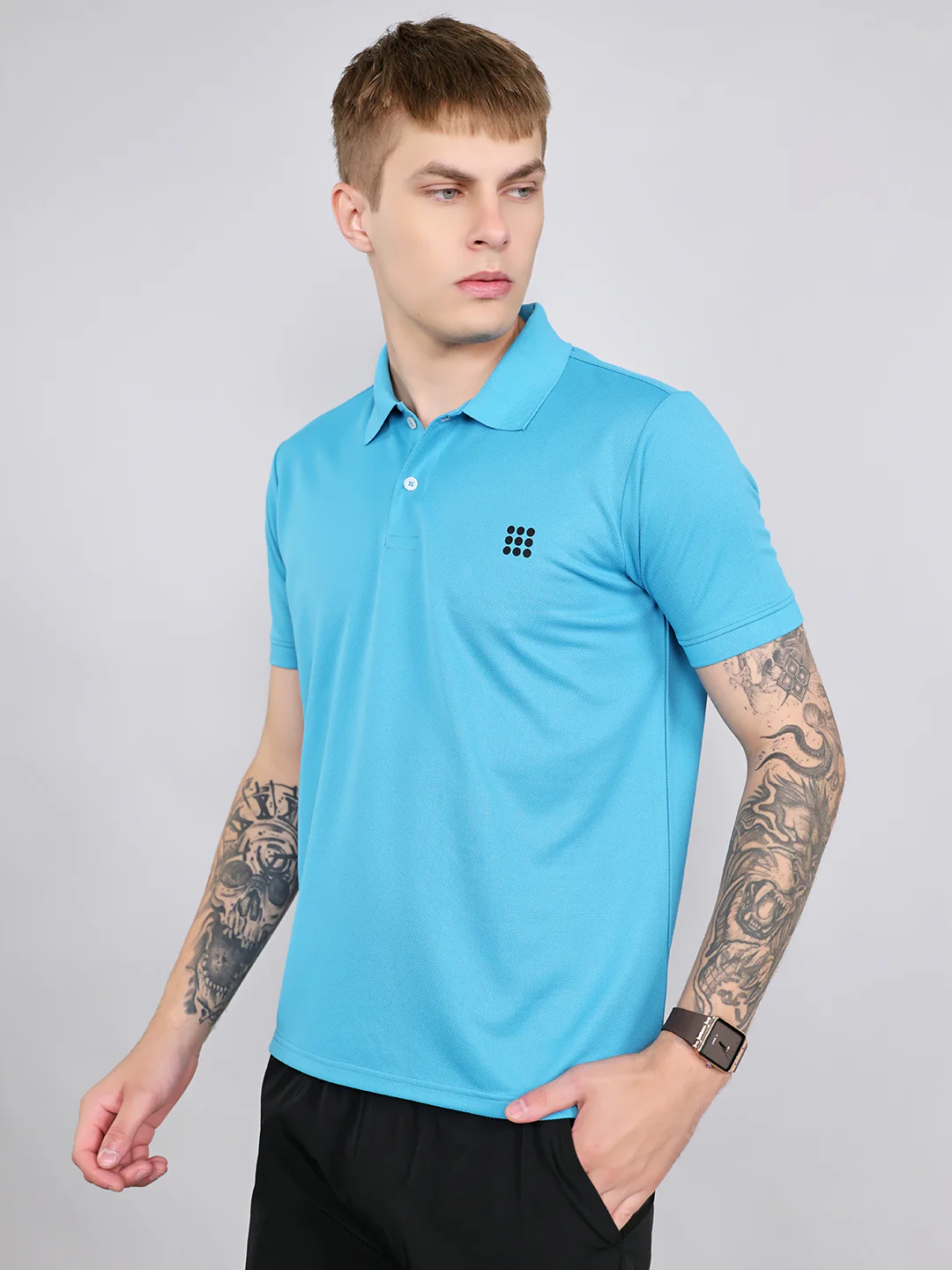 Rock.it Men Blue Jacquard Collar Half Sleeve T-Shirt - Image 2