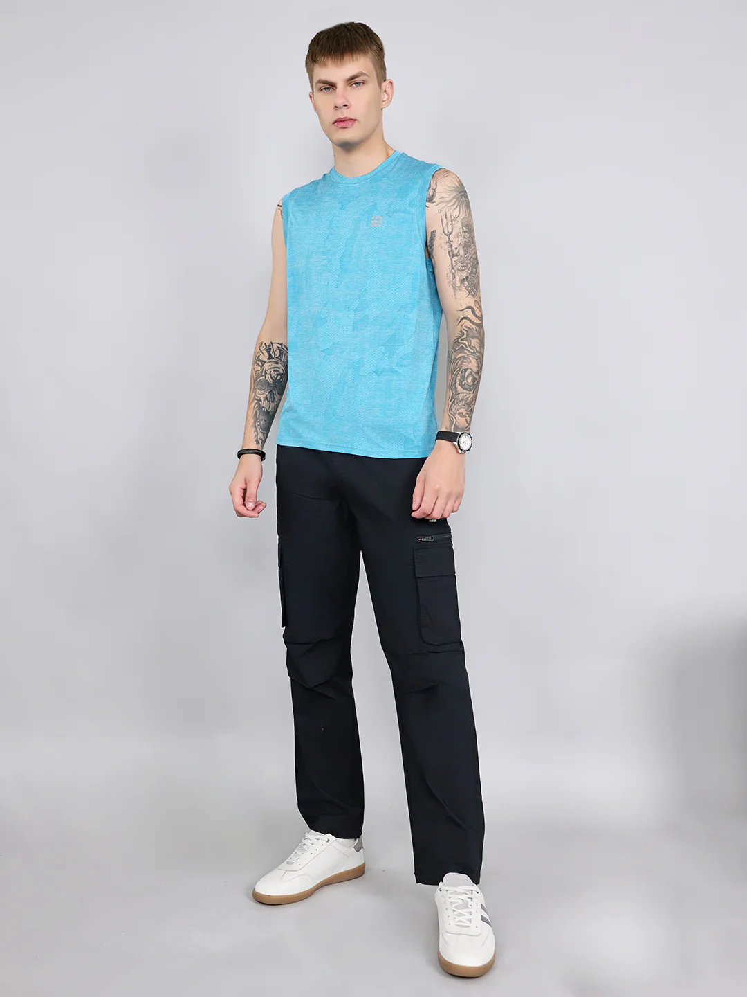 Rock.it Men Blue Jacquard Round Neck Sleeveless T-Shirt - Image 6
