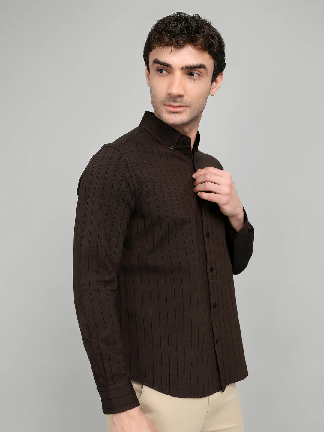Rock.it Men Brown Stripe Collar Full Sleeve Shirt - Image 3
