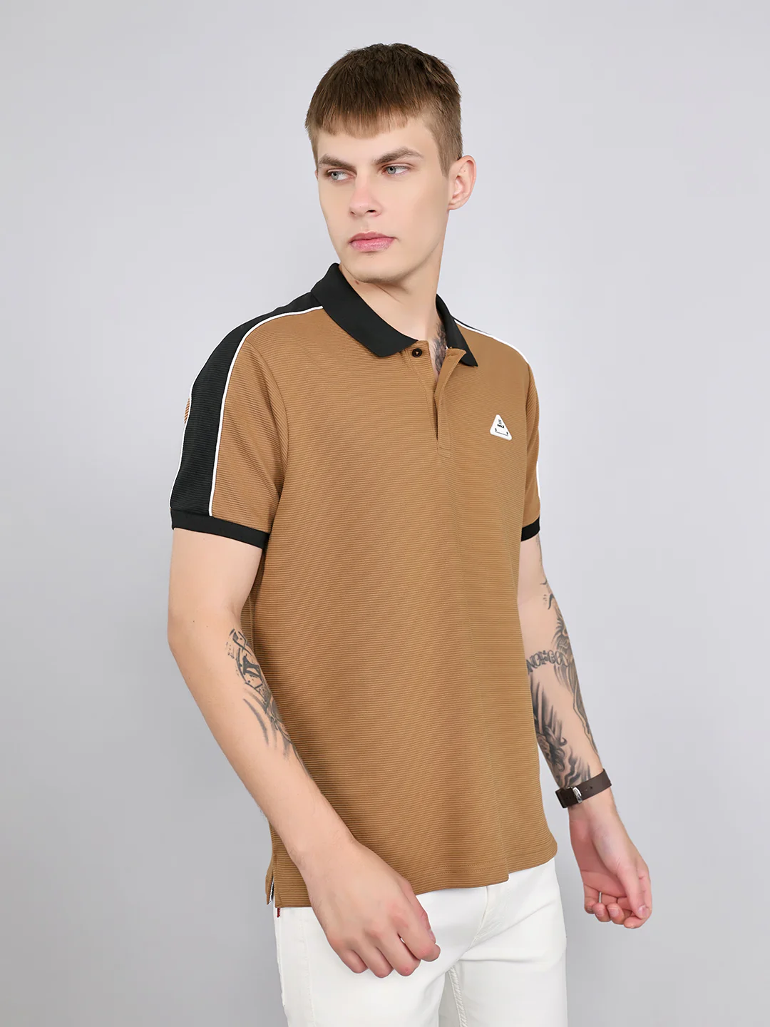 Rock.it Men Camel Brown Self Design Collar Half Sleeve T-Shirt - Image 3