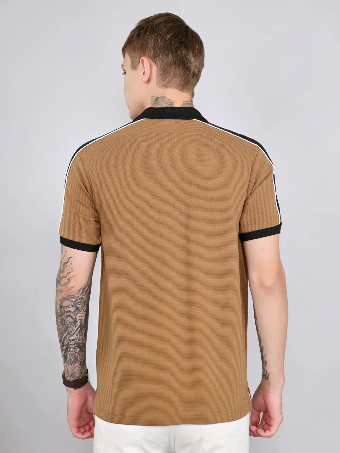 Rock.it Men Camel Brown Self Design Collar Half Sleeve T-Shirt - Image 4