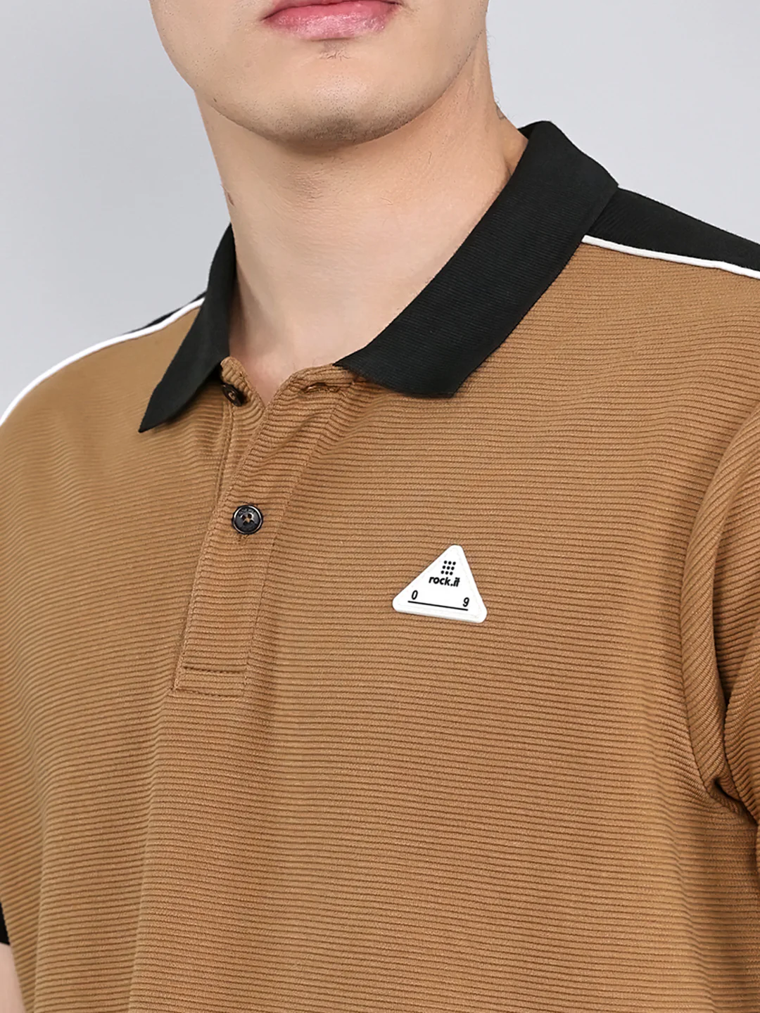 Rock.it Men Camel Brown Self Design Collar Half Sleeve T-Shirt - Image 5