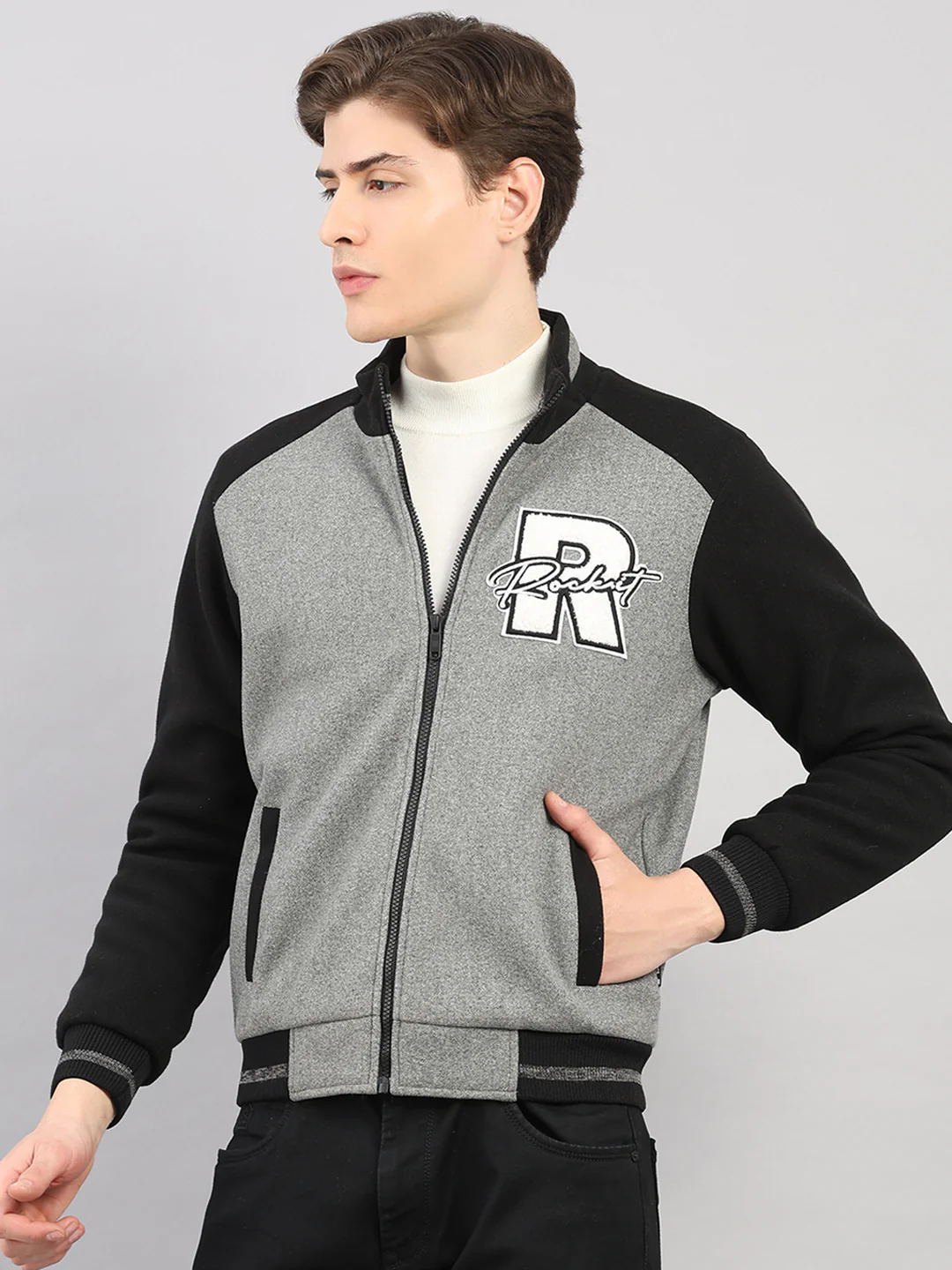 Rock.it Men Grey Melange Solid Stand Collar Full Sleeve Jacket - Image 3