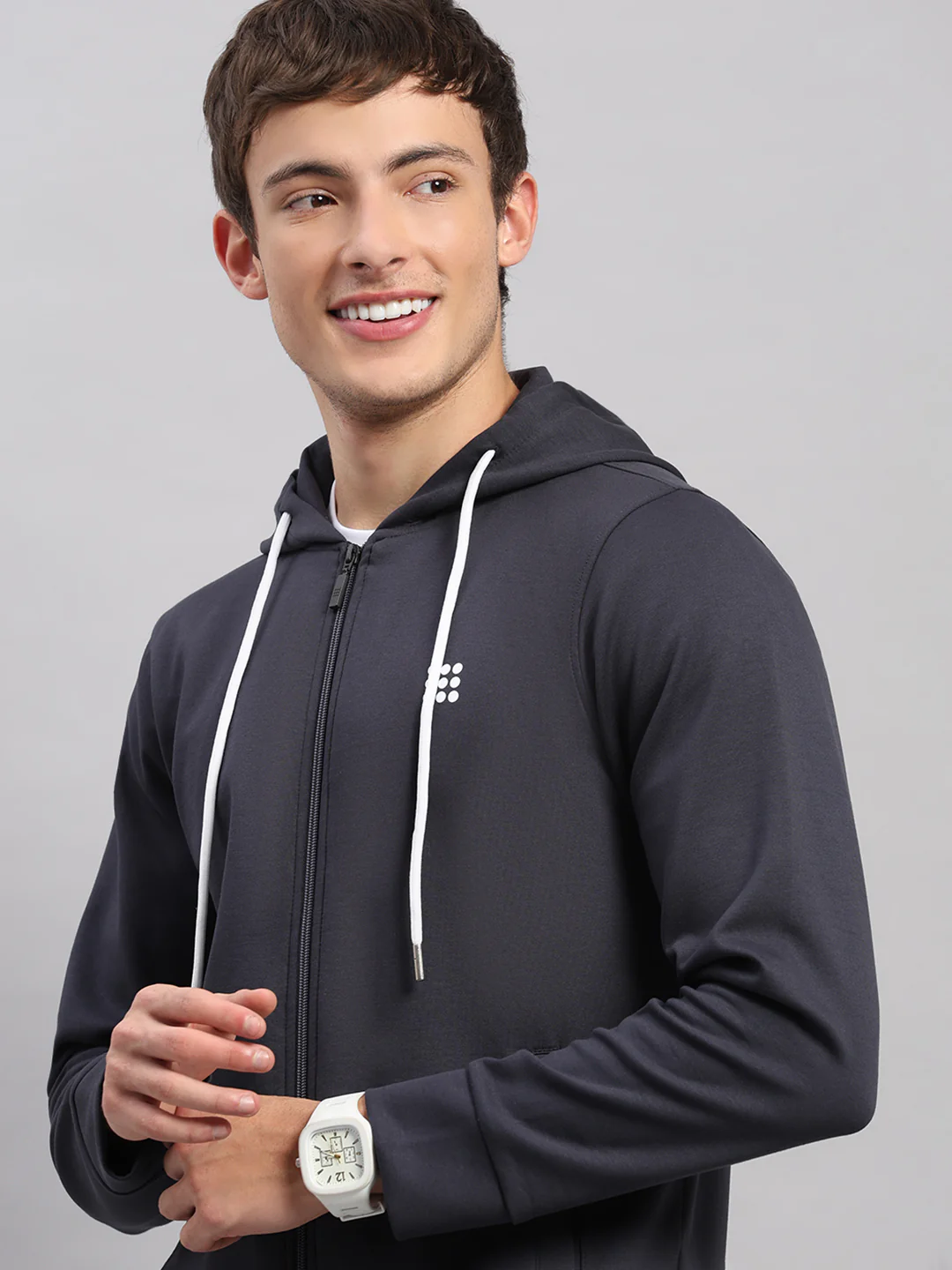 Rock.it Men Grey Solid Hooded Full Sleeve Sweatshirt - Image 7