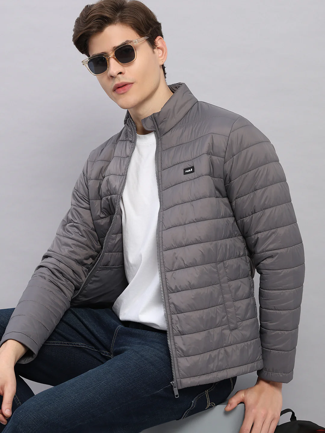 Rock.it Men Grey Solid Stand Collar Full Sleeve Jacket - Image 6