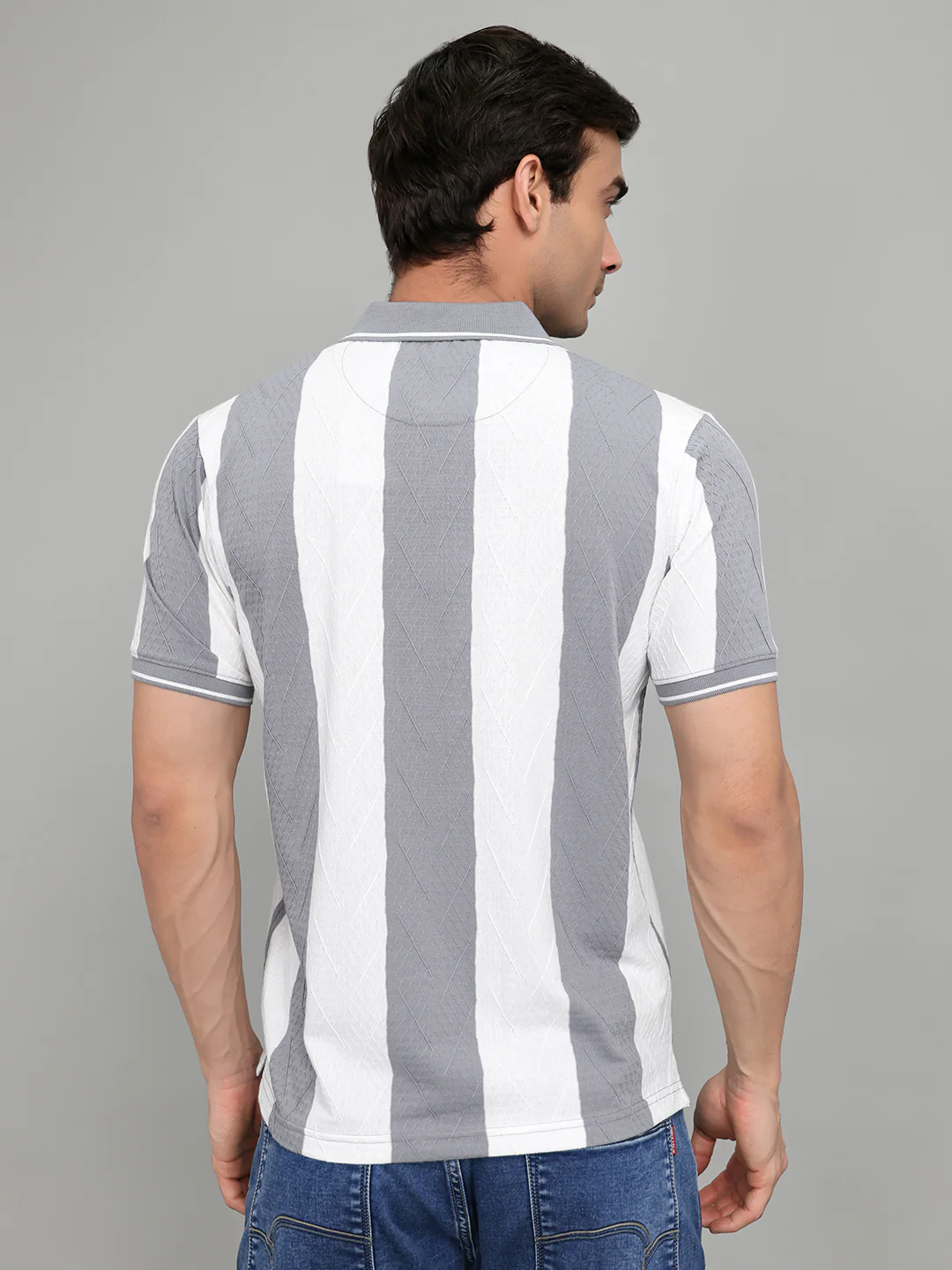 Rock.it Men Grey & White Stripe Collar Half Sleeve T-Shirt - Image 4