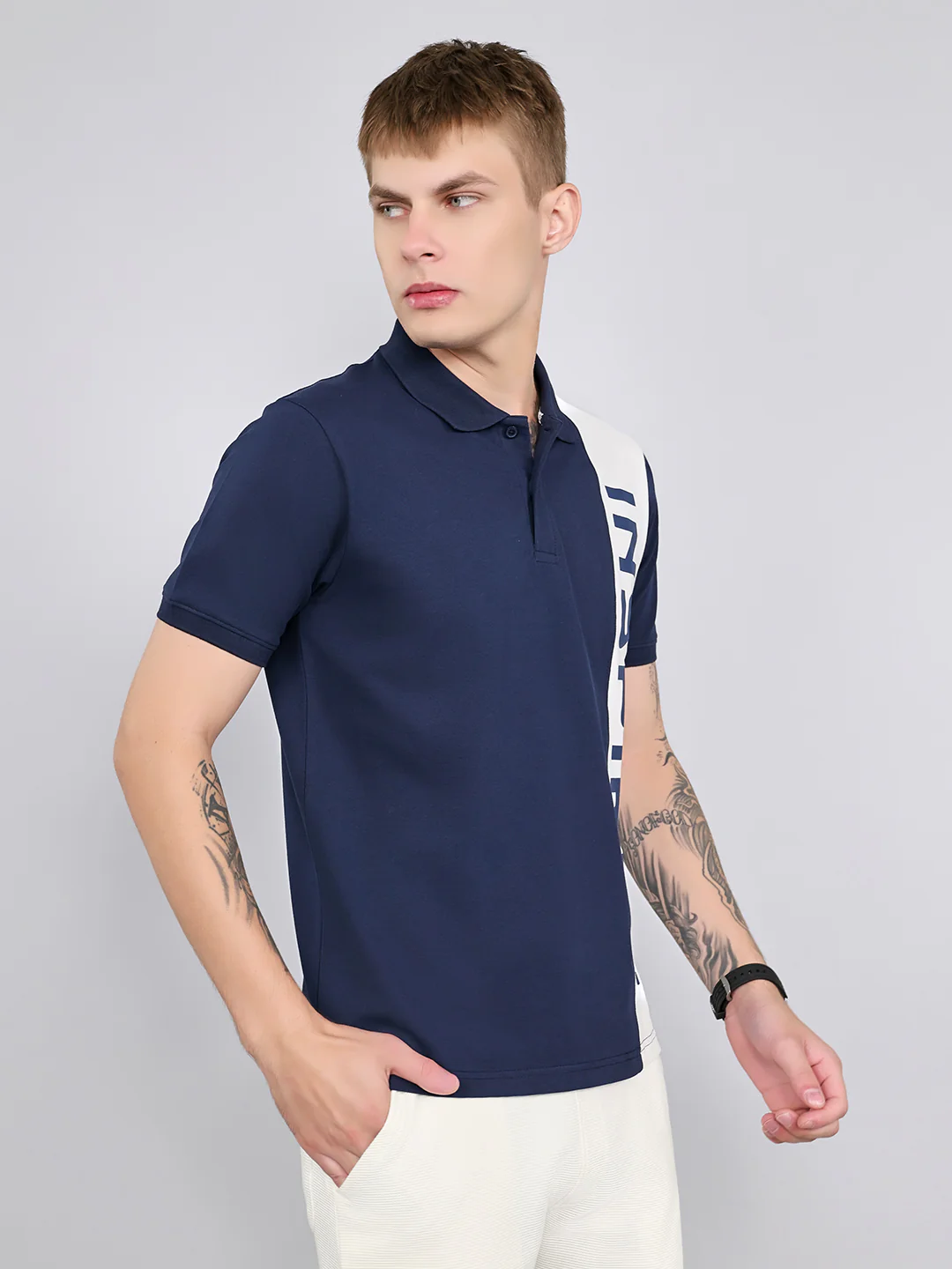 Rock.it Men Navy Blue Printed Collar Half Sleeve T-Shirt - Image 2