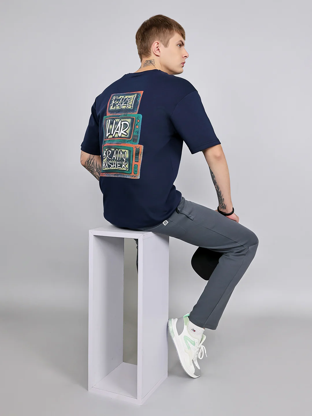 Rock.it Men Navy Blue Printed Round Neck Drop Shoulder Half Sleeve T-Shirt - Image 8
