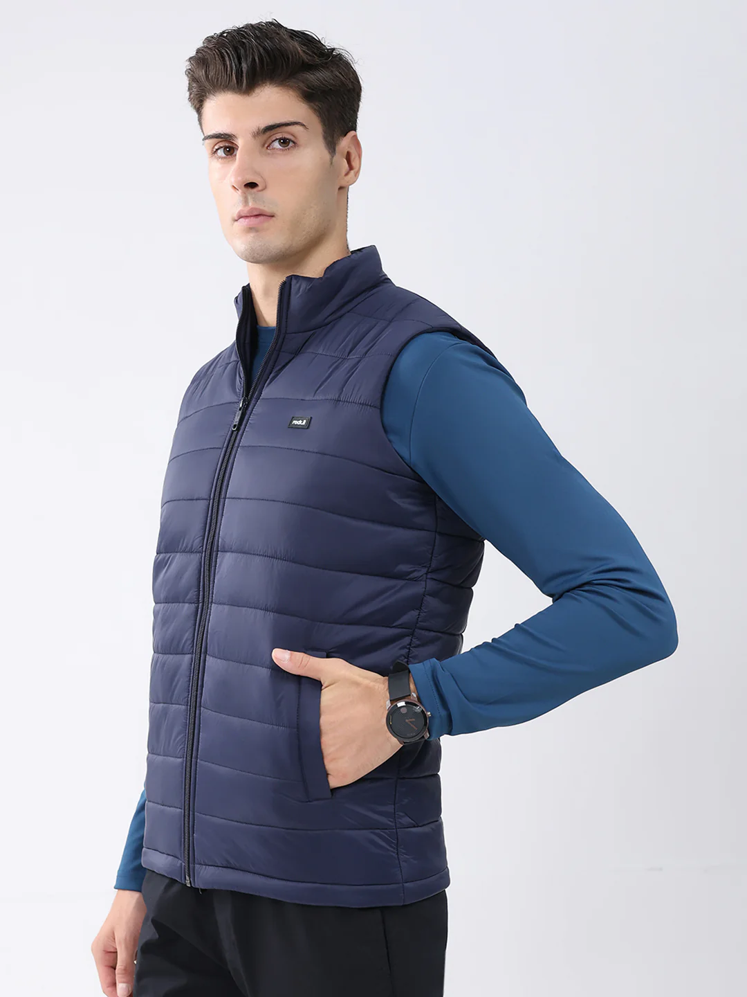 Rock.it Men Navy Blue Solid Collar Sleeveless Jacket - Image 3
