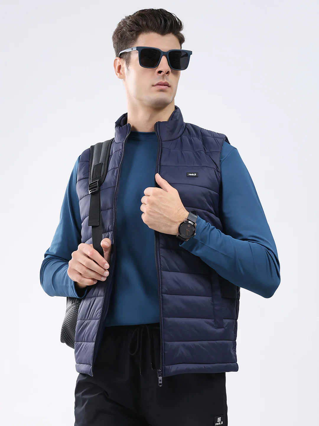 Rock.it Men Navy Blue Solid Collar Sleeveless Jacket - Image 6