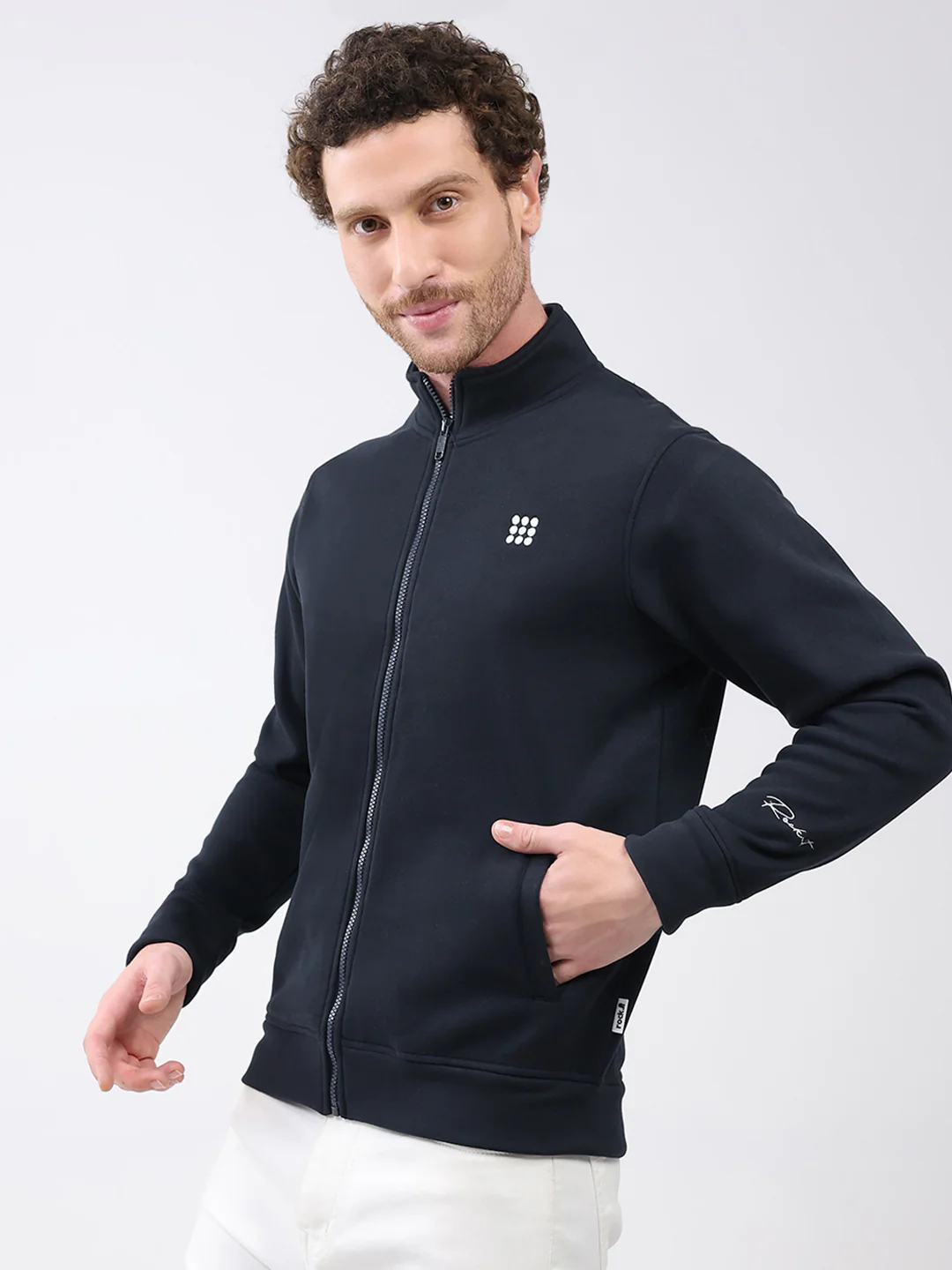 Rock.it Men Navy Blue Solid Mock Neck Full Sleeve Sweatshirt - Image 3