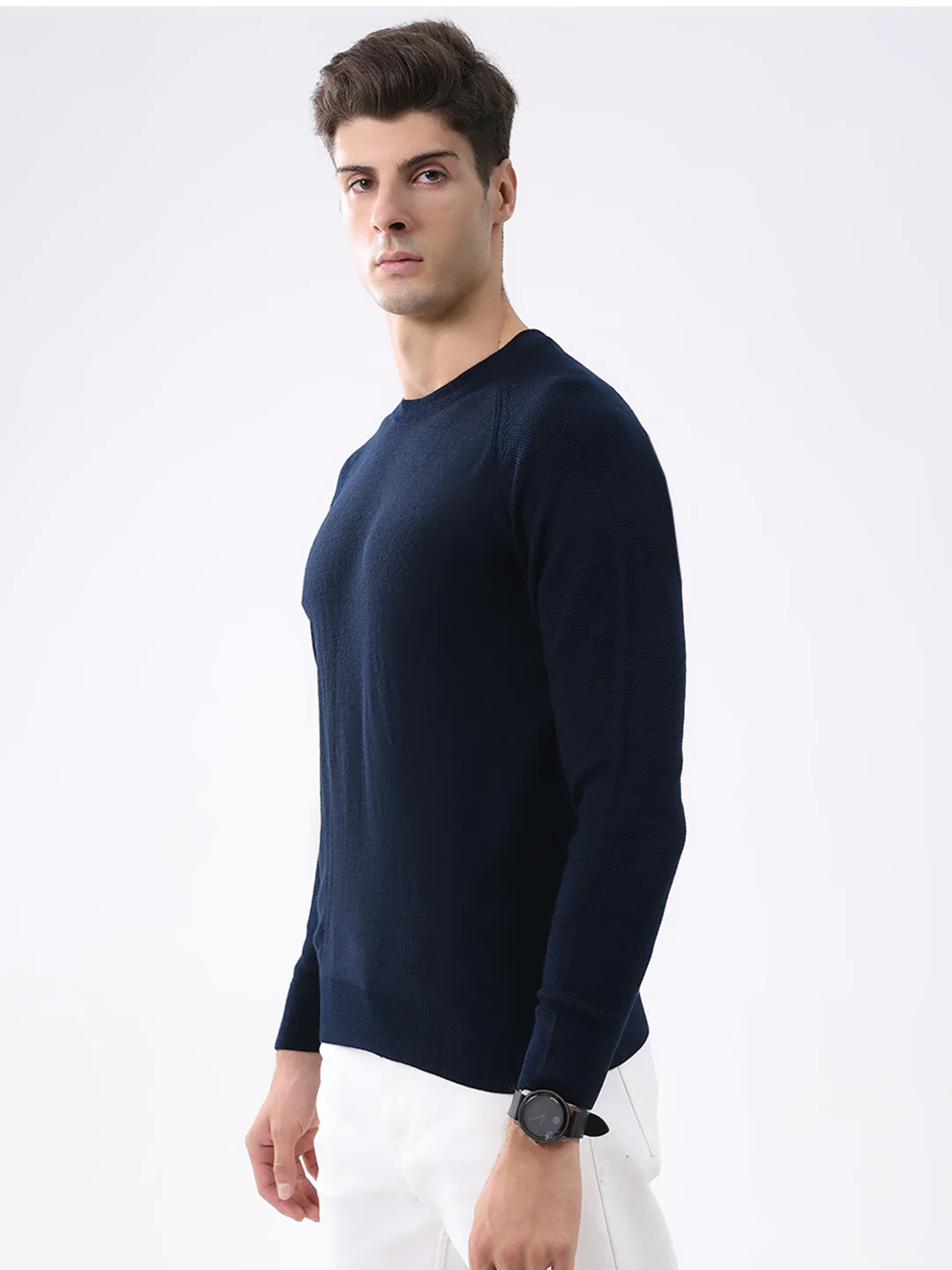 Rock.it Men Navy Blue Solid Round Neck Full Sleeve Pullover - Image 3