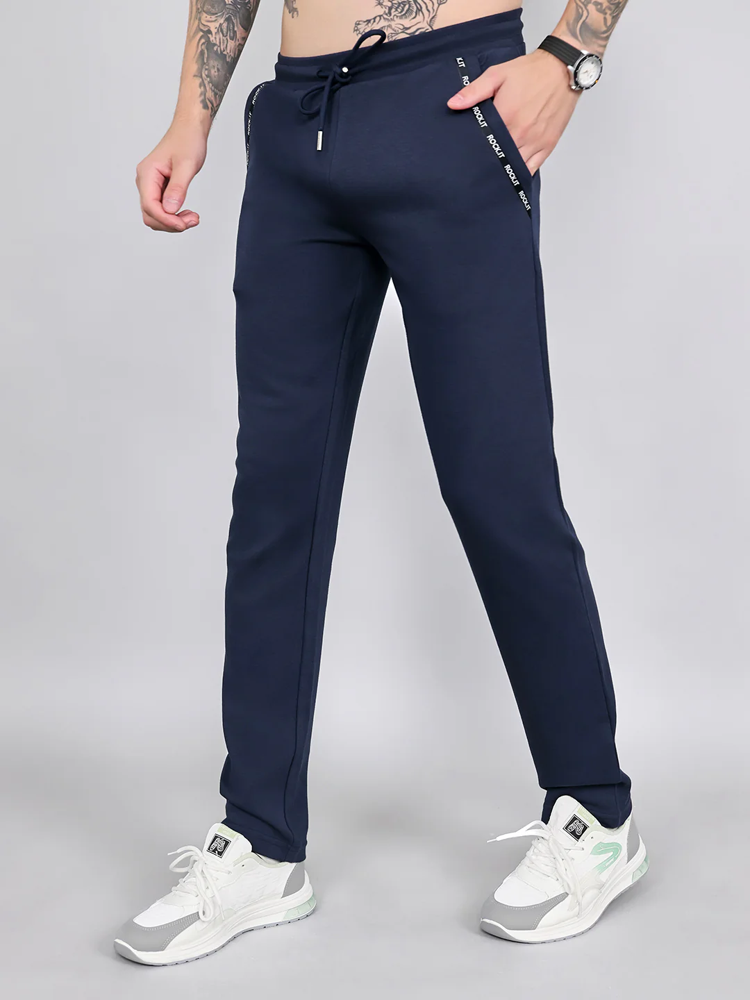 Rock.it Men Navy Blue Solid Smart Fit Lower - Image 2