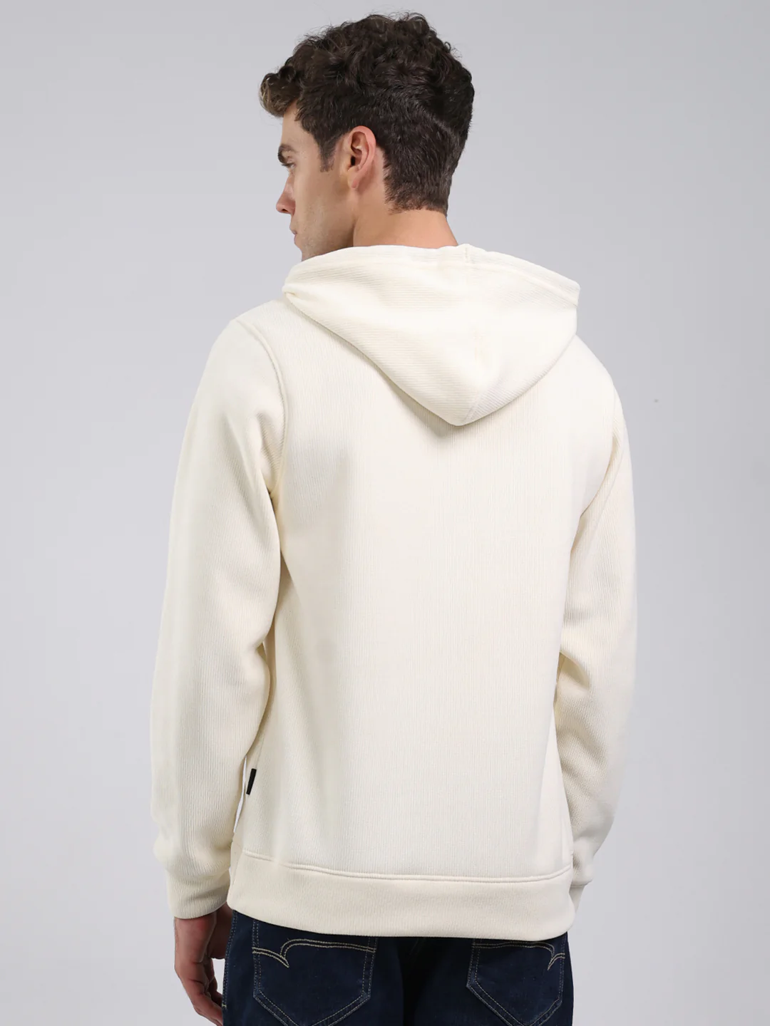 Rock.it Men Off White Solid Hooded Full Sleeve Sweatshirt - Image 5