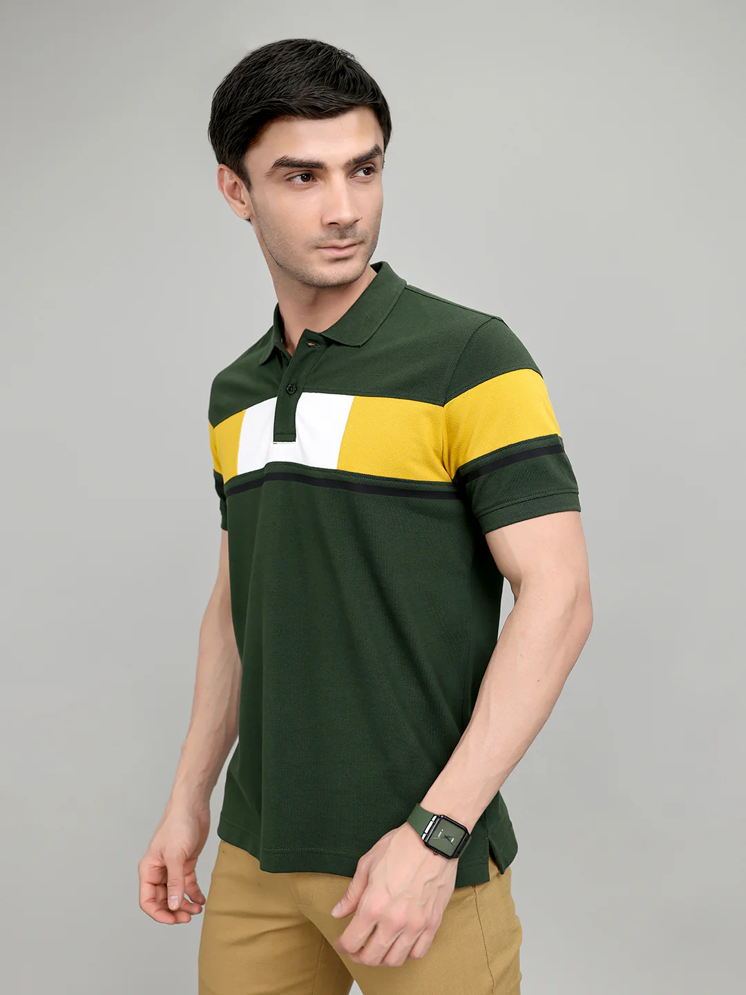 Rock.it Men Olive Colourblocked Collar Half Sleeve T-Shirt - Image 3