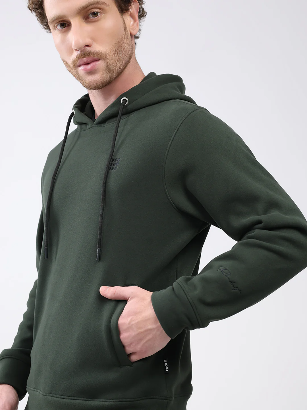 Rock.it Men Olive Solid Hooded Full Sleeve Sweatshirt - Image 6