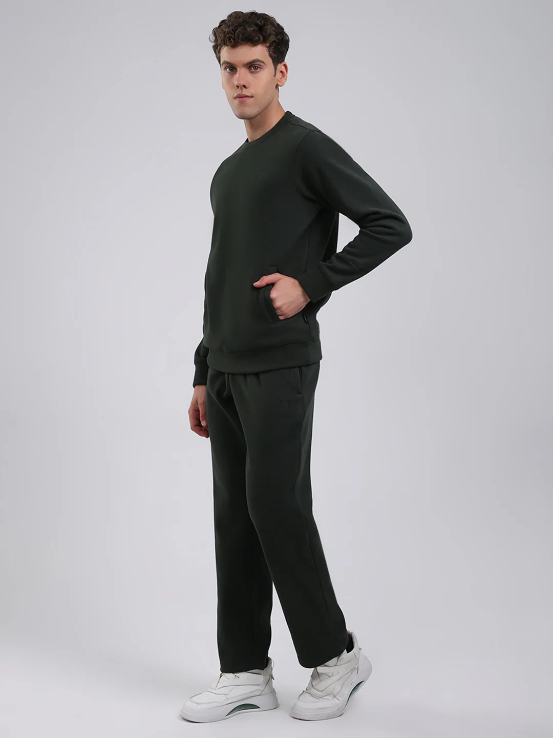 Rock.it Men Olive Solid Round Neck Full Sleeve Winter Tracksuit - Image 3