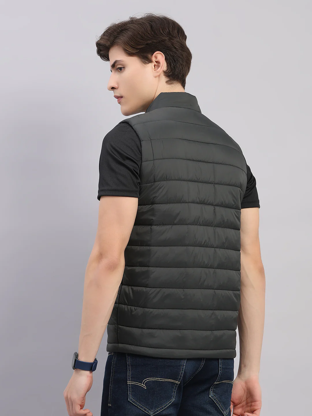 Rock.it Men Olive Solid Stand Collar Sleeveless Jacket - Image 5