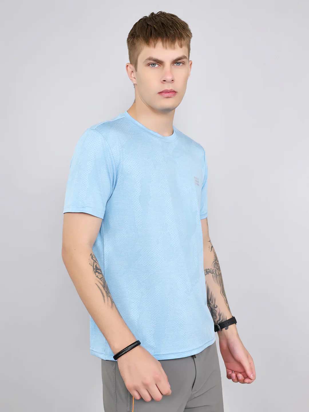 Rock.it Men Sky Blue Jacquard Round Neck Half Sleeve T-Shirt - Image 3