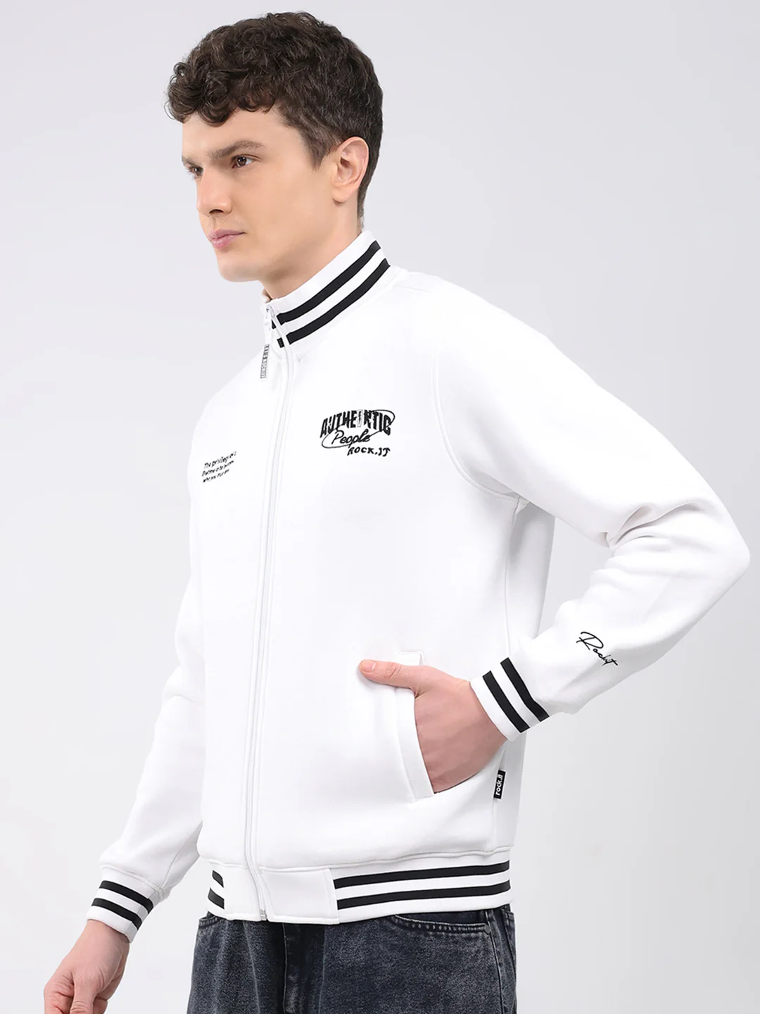Rock.it Men White Embroidered T Neck Full Sleeve Sweatshirt - Image 3