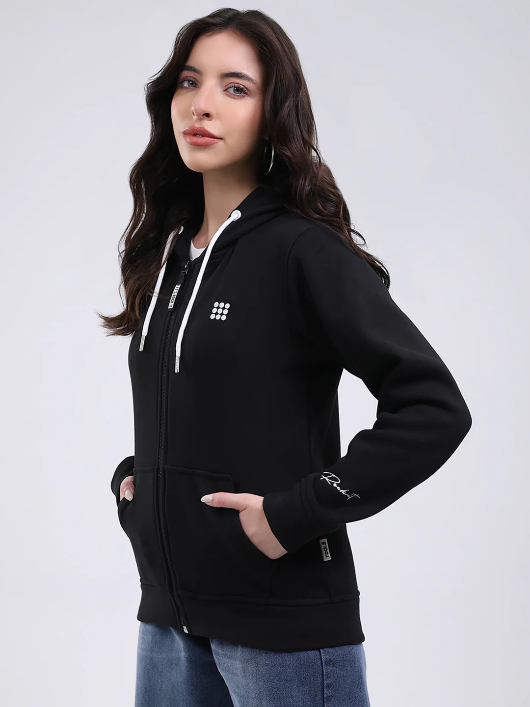 Rock.it Women Black Solid Hooded Full Sleeve Sweatshirt - Image 3