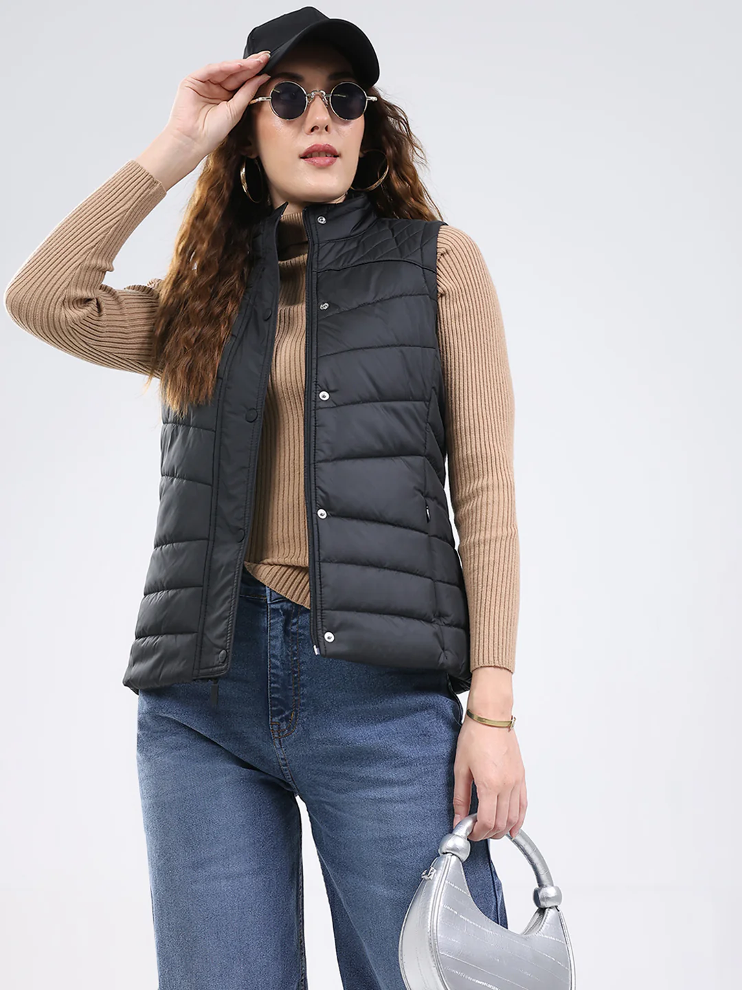 Rock.it Women Black Solid Stand Collar Sleeveless Jacket - Image 6