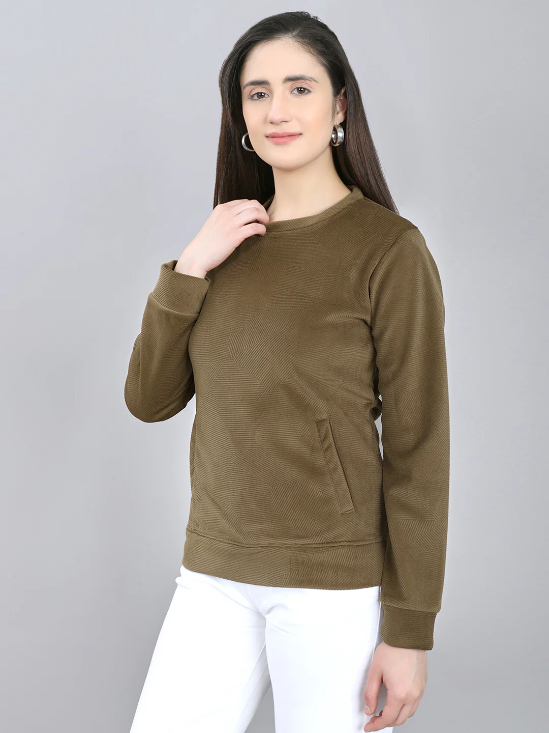 Rock.it Women Brown Self Design Round Neck Full Sleeve Sweatshirt - Image 2