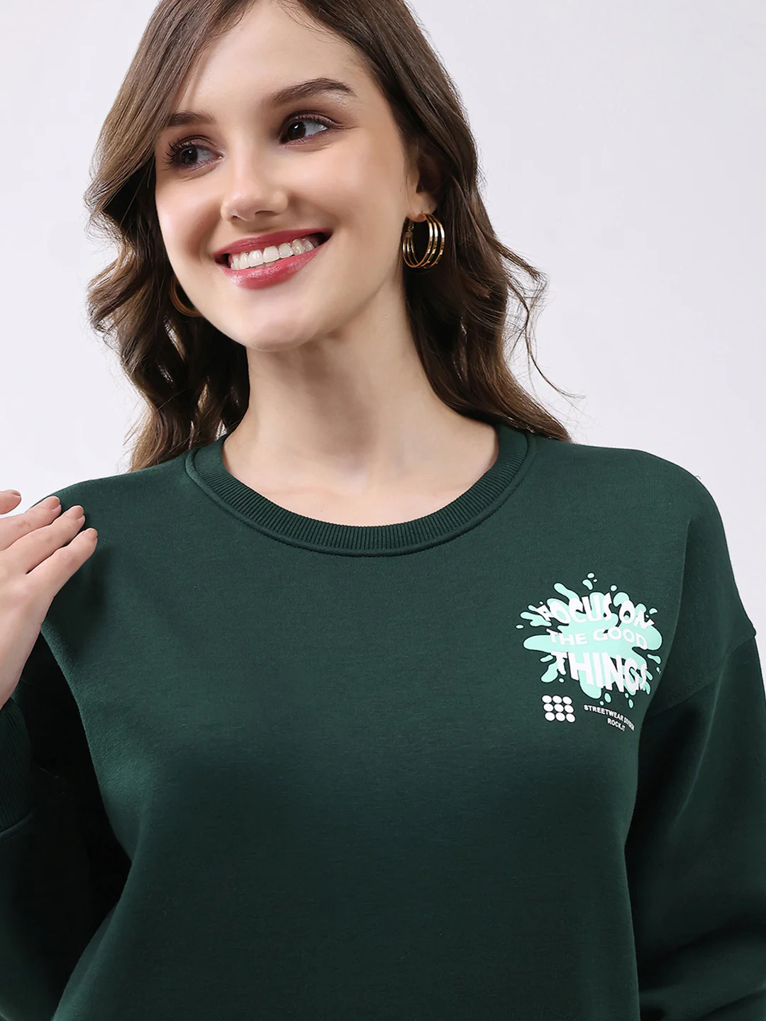 Rock.it Women Green Printed Round Neck Full Sleeve Sweatshirt - Image 7