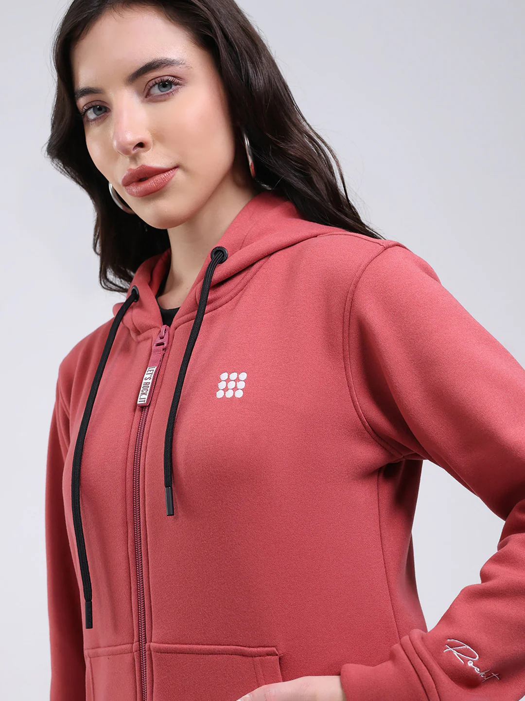 Rock.it Women Mauve Solid Hooded Full Sleeve Sweatshirt - Image 6