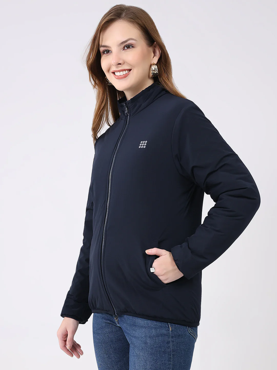Rock.it Women Navy Blue Solid Mock Neck Full Sleeve Reversible Jacket - Image 7
